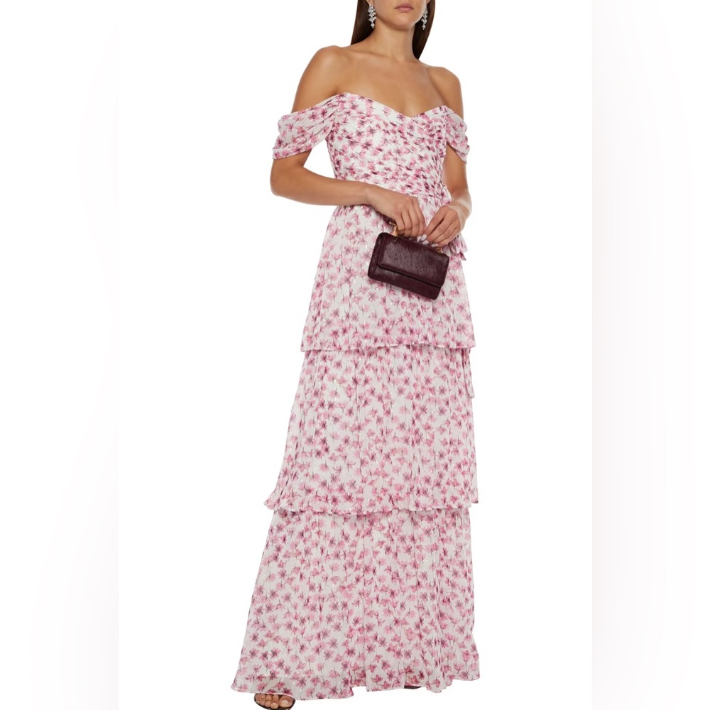 ML MONIQUE LHUILLIER Tiered off-the-shoulder floral-print fil coupé maxi dress